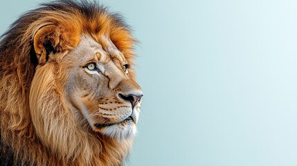 Fototapeta premium A vibrant lion against a white background, its mane flowing in the wind, showcasing the majesty and power of this magnificent animal