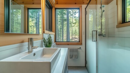 Compact bathroom with a modern white sink, silver faucet, and a sleek walk-in shower framed by frosted glass panels.