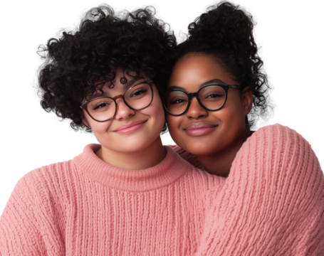 Two women standing next to each other, smiling and looking at the camera on a Transparent background 