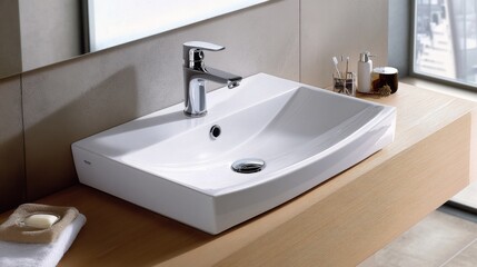 Fototapeta premium Compact modern bathroom with a white ceramic sink, a slimline faucet, and space-saving decor elements.