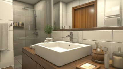 Fototapeta premium Contemporary bathroom design with a rectangular white sink, a single-lever faucet, and subtle decor for a fresh look.