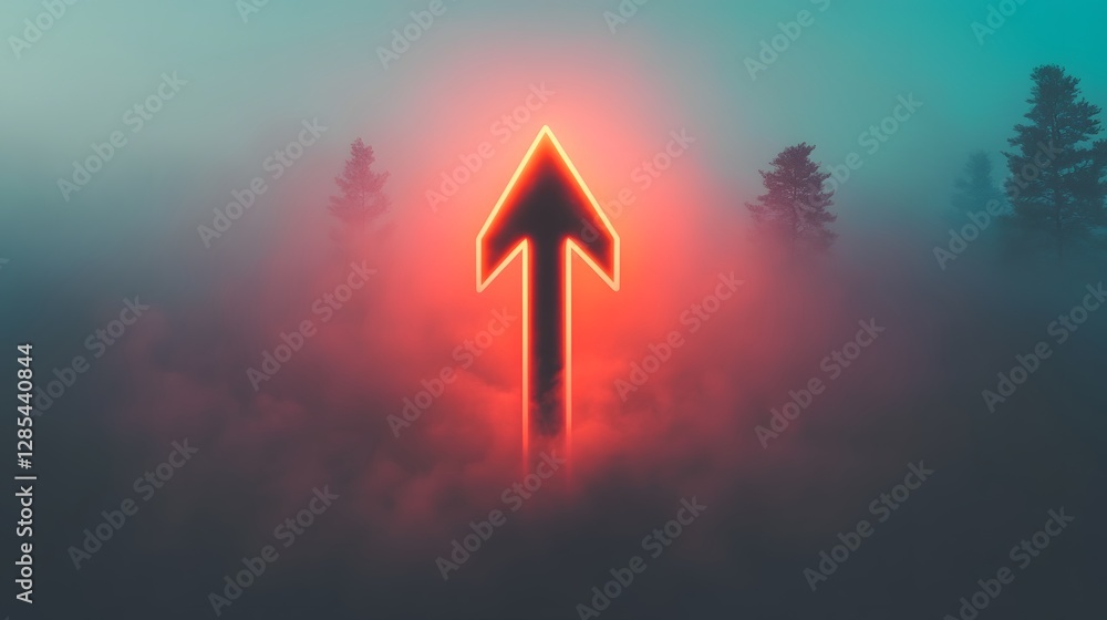 Poster glowing arrow through misty landscape symbolizing progress and forward movement