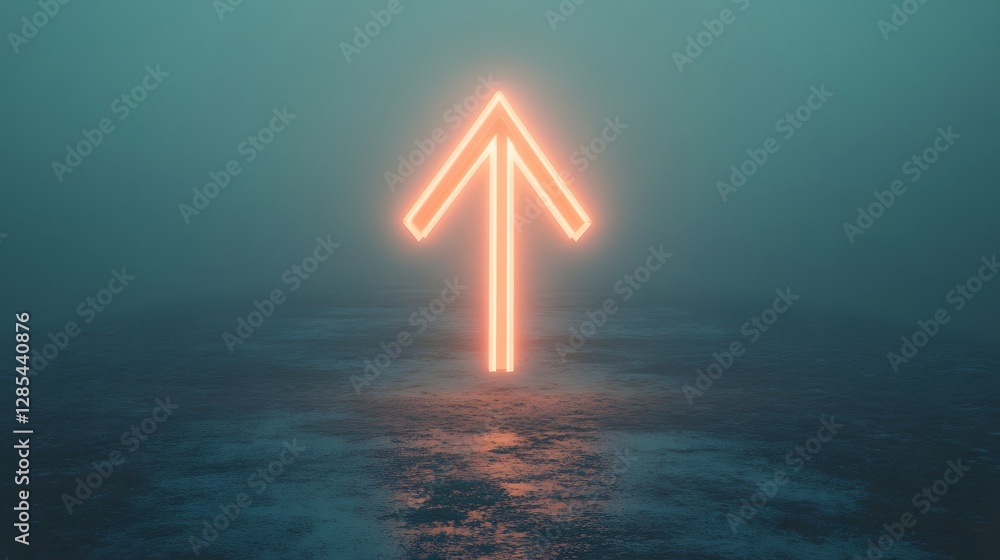 Poster glowing neon arrow guiding through mysterious fog symbolizing progress and direction