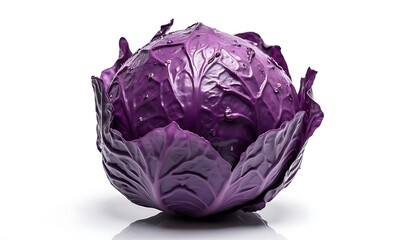 Fototapeta premium Fresh vibrant whole red cabbage on a clean white reflective surface, concept for healthy eating campaigns, cooking blogs and grocery store advertisements