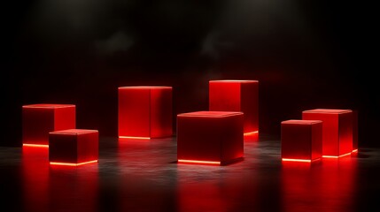Red illuminated cubes arranged on dark surface