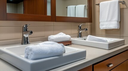 Contemporary bathroom with a double white ceramic sink, chrome faucets, and neatly folded towels adding a touch of elegance to the space.