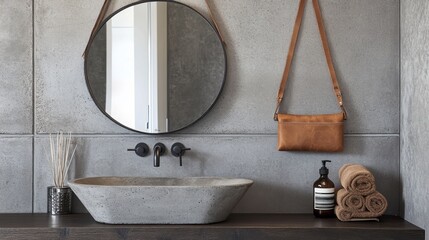 Contemporary bathroom with a unique concrete sink basin, a slimline faucet, and a round mirror hanging by a leather strap.