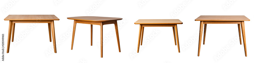 Poster collection of minimalist wooden tables in different shapes and sizes including square rectangular an