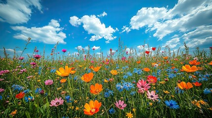 A vibrant meadow bursting with wildflowers under a bright blue sky Fluffy white clouds add a cheerful touch to this picturesque landscape, evoking a sense of peace and tranquility