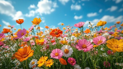 Obraz premium A vibrant meadow bursting with wildflowers under a bright blue sky The cheerful colors of daisies and marigolds create a joyful atmosphere, perfect for a nature-themed calendar or greeting card