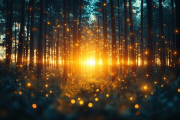 Naklejka premium Enchanted Forest Shimmering with Golden Light Through Tall Trees and Lush Greenery in a Tranquil and Dreamy Landscape at Sunset