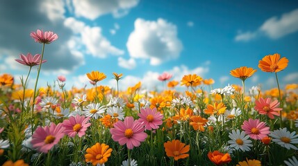A vibrant meadow bursting with wildflowers under a bright blue sky The cheerful colors of daisies and marigolds create a joyful atmosphere, perfect for a nature-themed calendar or greeting card