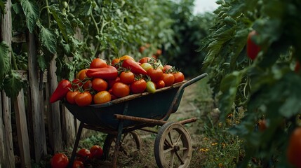 Abundant Wheelbarrow Overflowing with Ripe Tomatoes in a Vibrant Vegetable Garden