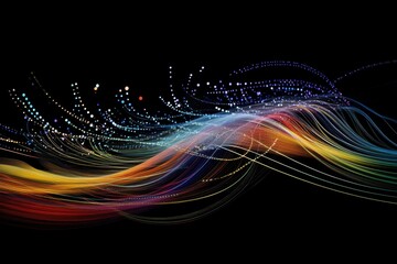 Colorful data processing abstract lines flowing on a black background illustrating digital technology concepts, data processing over lines on black background