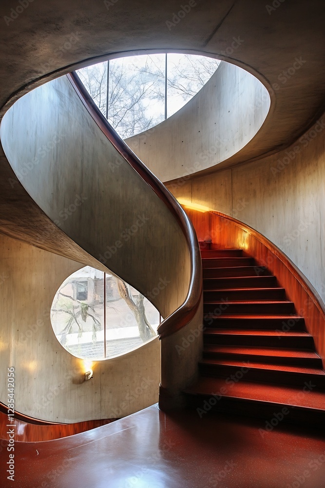Poster unique spiral staircase design with natural light and modern aesthetic in concrete structure : gener