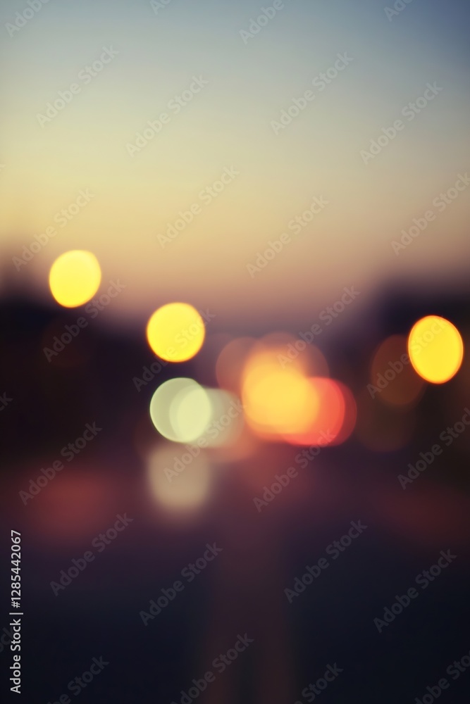 Leinwandbilder Abstract urban background with blurred lights glowing in the evening sky creating a dreamy effect : Generative AI