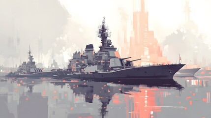 Imposing warship gliding through fog, large naval vessel showcasing advanced design, ideal for maritime themes or stories.