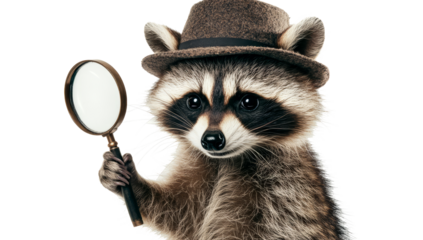 Funny curious detective raccoon with a magnifying glass, isolated on transparent background