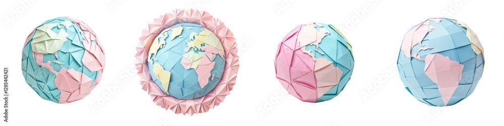 Poster colorful geometric globes with polygonal patterns abstract 3d fractal mosaic spheres with textured t