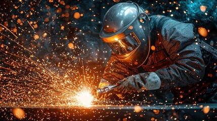 Welding Sparks and Flames with Professional Welder Wearing Protective Gear