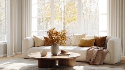 Bright and Spacious Modern Living Room With Large Windows Showcasing City Views in a Stylish Urban Apartment