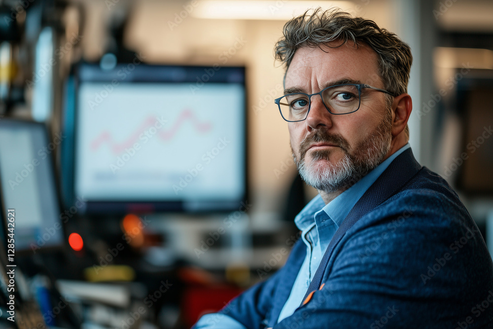 Poster focused businessman with glasses sits at desk in modern office, with computer screen displaying grap