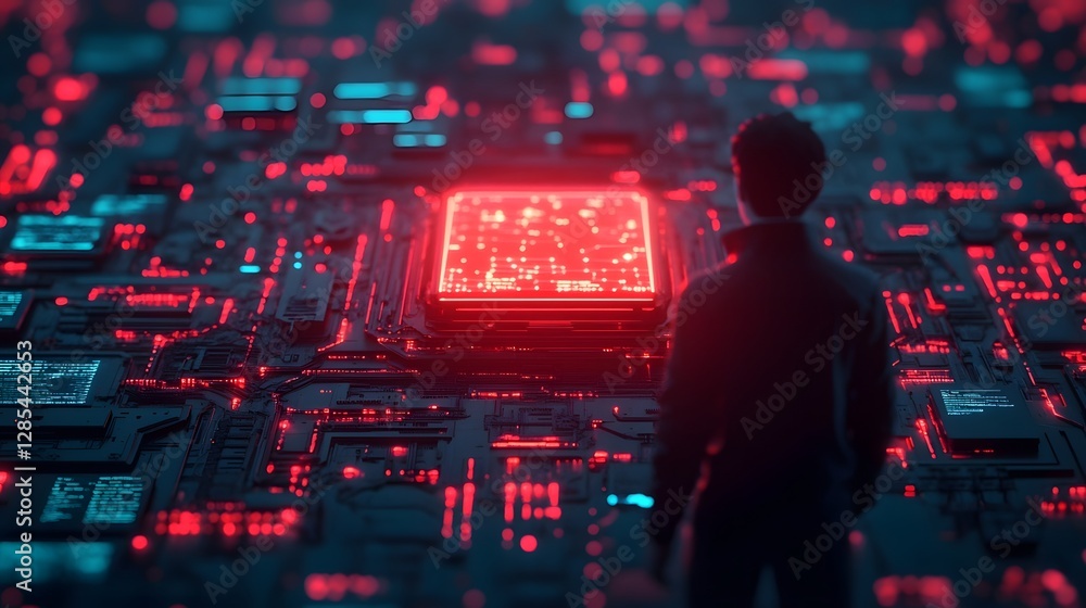 Aufkleber person hacking into massive core to shut it down in desperate attempt