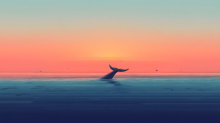 Fototapeta premium Dolphin leaping above ocean surface, vibrant sunset sky in the background, serene and tranquil marine scene, ideal for relaxation.