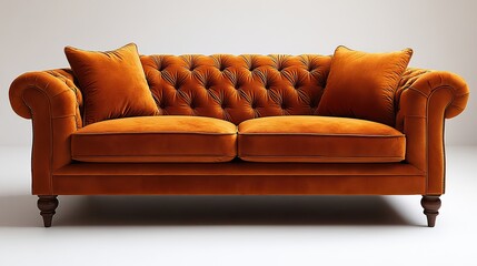 Fototapeta premium A vibrant orange tufted sofa with a classic design featuring plush cushions and elegant wooden legs, perfect for adding a pop of color to any living space
