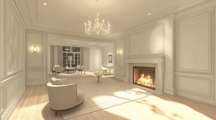 Obraz premium Bright and Minimal Interior With Modern Chairs and Fireplace on a Sunny Day in a Spacious Room