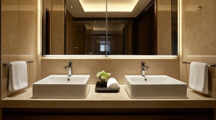 Fototapeta premium Elegant bathroom design with double sinks, polished faucets, and a wide frameless mirror reflecting a neutral-toned interior.