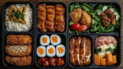Assorted Japanese bento box meal on dark wood