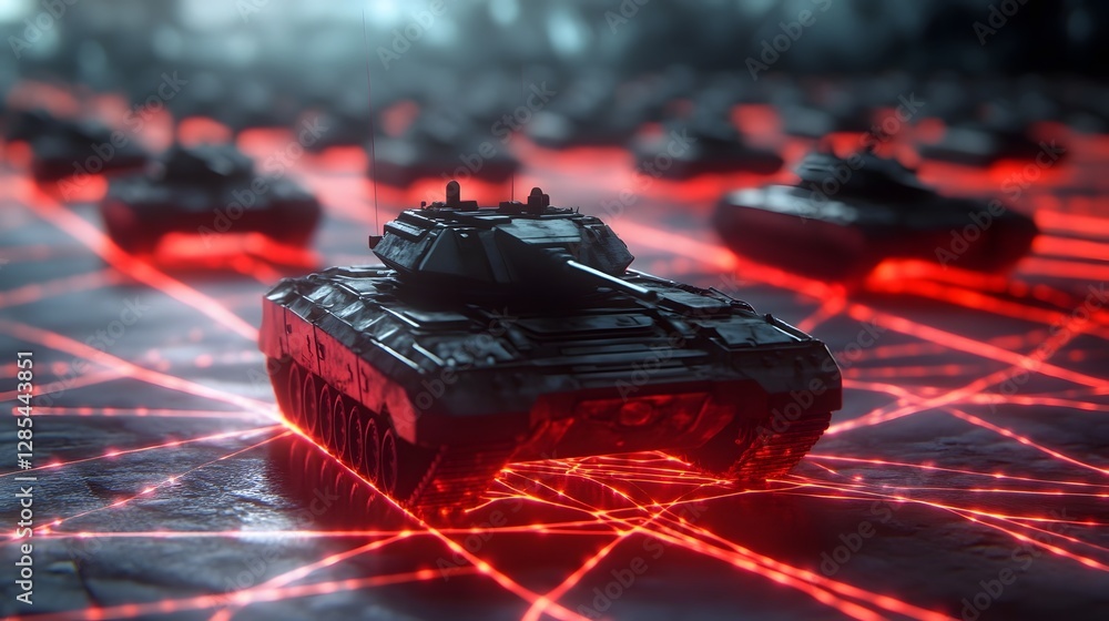 Aufkleber a fleet of synchronized tanks and mechs controlled via holographic command center