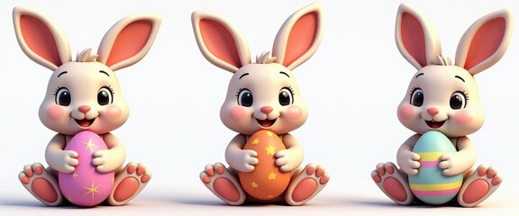 Easter Bunny Eggs Animation: Three Vibrant 3D Rendered Bunnies Holding Eggs Against a White Background. A set of three animated rabbits holding easter eggs.