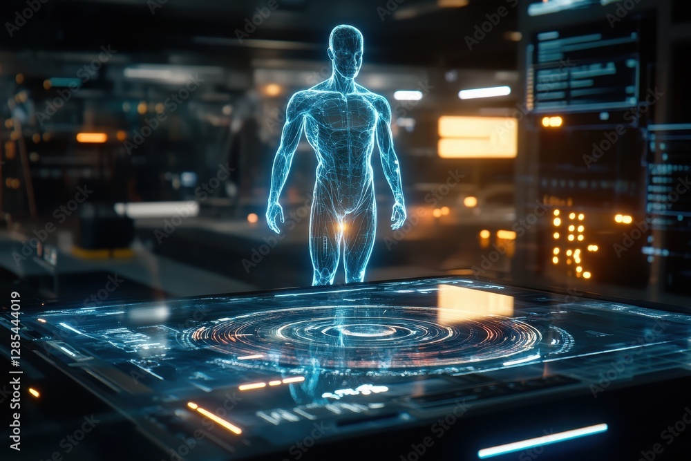 Poster human body holographic scan displayed on a turntable in a modern laboratory setting, human body turn