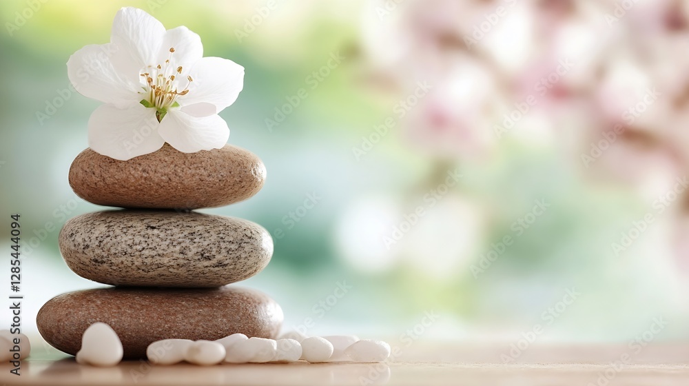 Poster serene stacked stones with white flower on natural background relaxation and peaceful vibes : genera