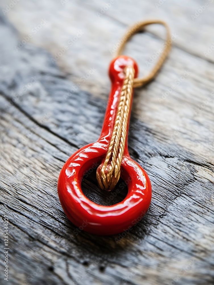 Aufkleber stylish red decorative hook with twine on wooden surface with natural textures and rustic charm : ge