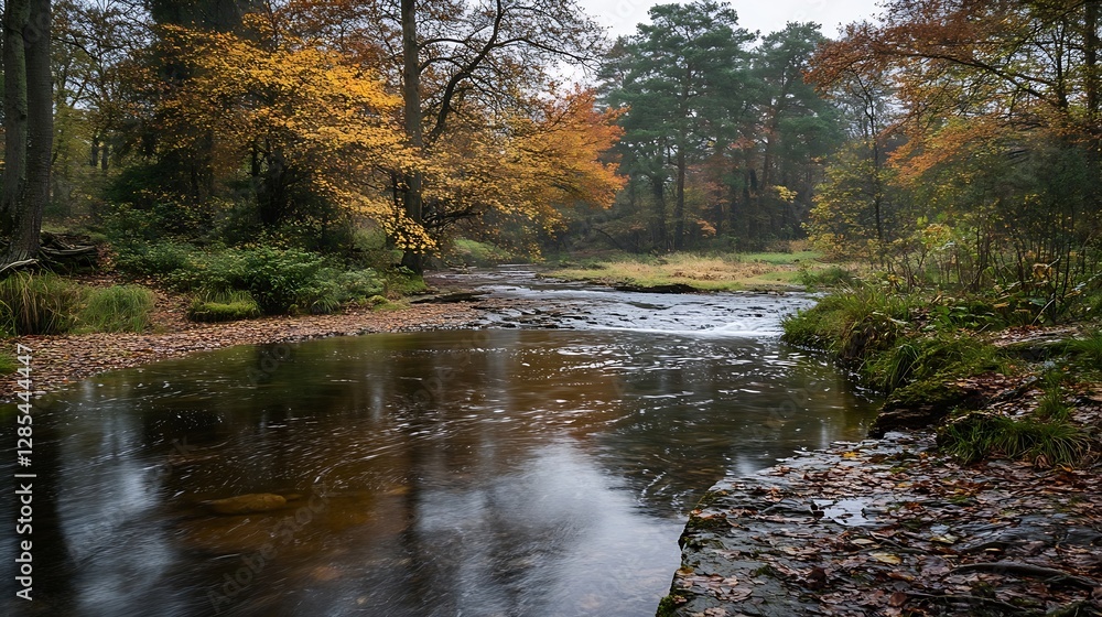 Aufkleber Tranquil Autumn Scene with Colorful Trees and Calm Water Reflection in a Peaceful Natural Environment : Generative AI