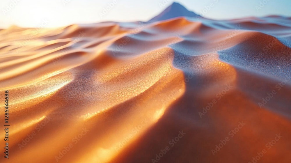 Poster dramatic desert sand dunes with golden light and distant mountain range warm hues creating abstract 