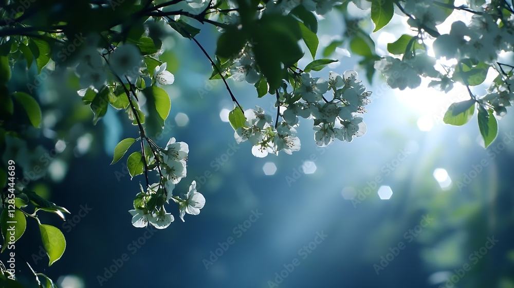 Poster delicate cherry blossom flowers with soft light and gentle atmospheric background in nature : genera