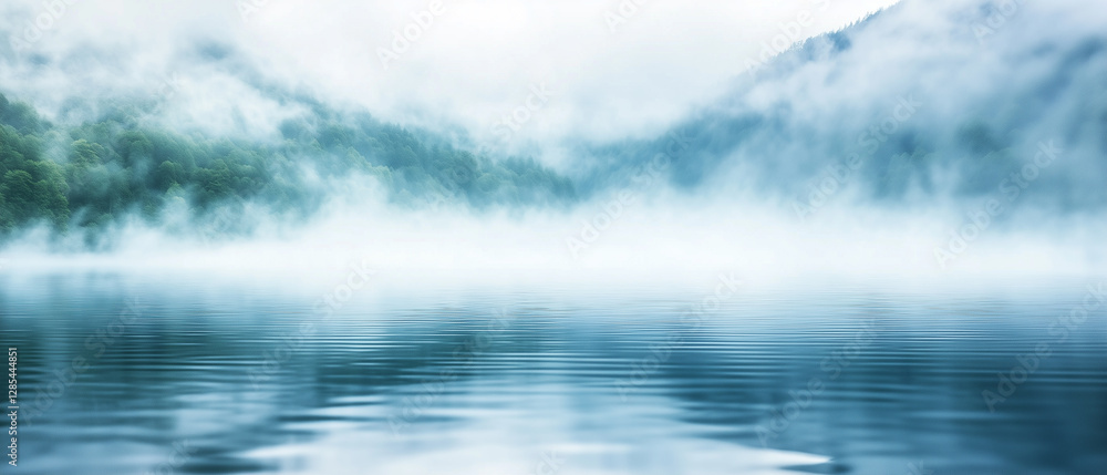 Poster misty water background with fog hovering over still lake surrounded by hills