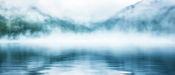 Fototapeta premium Misty water background with fog hovering over still lake surrounded by hills