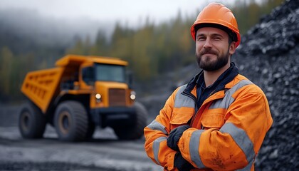 A happy worker poses beside a large mining truck