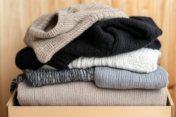 Stacked Knitwear Cozy Cable and Neutral Tones in Wooden Box, Winter Fashion, Sweater Storage Winter fashion, sweater storage