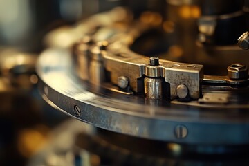 Close up view of a record player head highlighting intricate mechanics and craftsmanship, Gorgeous close up of a record player head Shallow depth of field