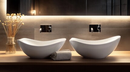 Elegant modern bathroom with a double white ceramic sink, polished stone countertop, and soft ambient lighting to enhance the luxurious feel.