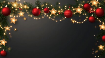 Elegant vector banner with golden stars, red ornaments, and soft lights creating a decorative Christmas garland on a clear transparent background.