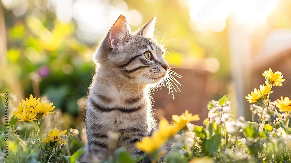 Poster curious cat gazing at flowers in a sunlit garden with a soft glow : generative ai