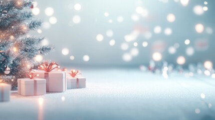 Empty Christmas background with blurred gifts and tree, perfect for placing your product mockups or personalized holiday messages.