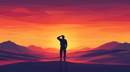 Silhouetted figure against vibrant sunset, standing on hilltop, evoking themes of solitude and reflection with dramatic colors.
